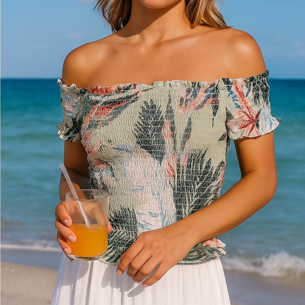 Guess floral tropical smocked off-shoulder top - size S